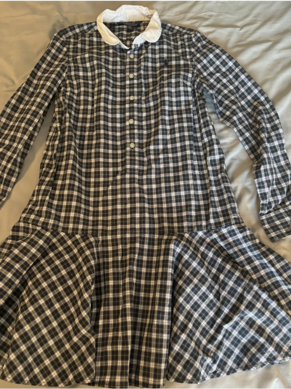 Girls Navy and White Plaid Dress with White Collar